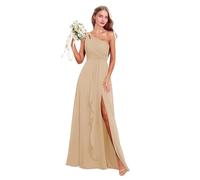 Abito da donna monospalla da damigella d'onore in chiffon lungo plissettato abito da sposa abito da ospite una linea formale abiti da sera con spacco, Champagne, 62 Più