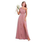 Abito da donna monospalla da damigella d'onore in chiffon lungo plissettato abito da sposa abito da ospite una linea formale abiti da sera con spacco, Rosa polvere, 62 Più
