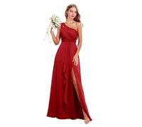Abito da donna monospalla da damigella d'onore in chiffon lungo plissettato abito da sposa abito da ospite una linea formale abiti da sera con spacco, Rosso, 48