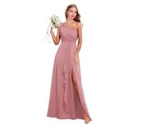 Abito da donna monospalla da damigella d'onore in chiffon lungo plissettato abito da sposa abito da ospite una linea formale abiti da sera con spacco, Rosa polvere, 42