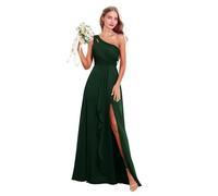 Abito da donna monospalla da damigella d'onore in chiffon lungo plissettato abito da sposa abito da ospite una linea formale abiti da sera con spacco, Verde smeraldo, 42