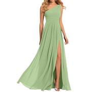 Abito da donna monospalla da damigella d'onore per matrimonio in chiffon plissettato abito da ballo con fessura abiti da festa di nozze, Verde salvia, 34
