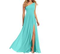 Abito da donna monospalla da damigella d'onore per matrimonio in chiffon plissettato abito da ballo con fessura abiti da festa di nozze, Turchese, 42