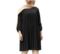 Abito da donna musulmano di grandi dimensioni, abito corto da donna elegante e chic a maniche lunghe, abito a pieghe, scollo rotondo, casual, tinta unita, abbigliamento etnico islamico di Dubai, Le