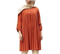 Abito da donna musulmano di grandi dimensioni, abito corto da donna elegante e chic a maniche lunghe, abito a pieghe, scollo rotondo, casual, tinta unita, abbigliamento etnico islamico di Dubai