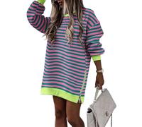 Abito da donna oversize in felpa, casual, girocollo, a maniche lunghe, con cerniera, spacchi laterali, comodo, vestibilità ampia, mini abito alla moda, abbigliamento quotidiano, A righe., L