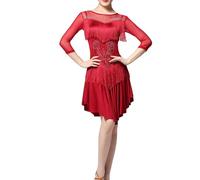 Abito da donna per danza latina con paillettes scintillanti rosa con frange salsa sala da ballo partito orlo irregolare pieghettato flapper abito, Rosso, M