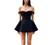 Abito da donna per feste con spalle scoperte con volant, elegante linea ad A, per il tempo libero, per cocktail, club, feste, matrimoni e notte, Nero , S