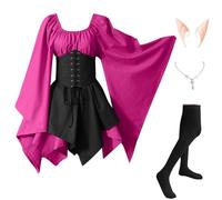 Abito Da Donna Per Halloween Celtico Vittoriano Vestito Da Steampunk Pipistrello Elegante Costumi Di Halloween Rinascimentale Carnevale con Orecchie da Elfo, Collana, Calze Sopra il Ginocchio
