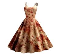 Abito da donna per Halloween, con spalline e orrore, con stampa sanguinosa, senza maniche, lungo, per cocktail, fantasma, per il tempo libero, sexy, per l'autunno, linea A, rosso mattone, XL