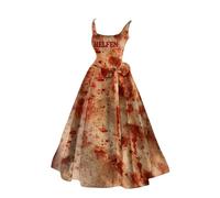 Abito da donna per Halloween, con spalline e orrore, con stampa sanguinosa, senza maniche, lungo, per cocktail, fantasma, per il tempo libero, sexy, per l'autunno, linea A, Blu, XXL