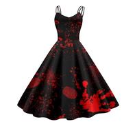 Abito da donna per Halloween con stampa a schizzi di sangue, senza maniche anni '50, stile horror, spaventoso costume per feste a tema e carnevale, Stil_f13 Nero, L