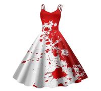 Abito da donna per Halloween con stampa a schizzi di sangue, senza maniche anni '50, stile horror, spaventoso costume per feste a tema e carnevale, Stil_f11 rosa acceso, L