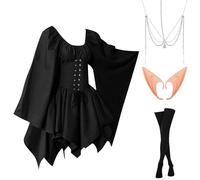 Abito Da Donna Per Halloween Elegante Vittoriano Costumi Di Halloween Vintage Medievale Vestito Da Steampunk Curvy Cosplay con Orecchie da Elfo, Accessori per Capelli, Calze Sopra il Ginocchio