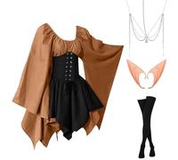 Abito Da Donna Per Halloween Elegante Vittoriano Costumi Di Halloween Vintage Medievale Vestito Da Steampunk Curvy Cosplay con Orecchie da Elfo, Accessori per Capelli, Calze Sopra il Ginocchio