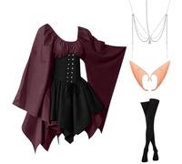Abito Da Donna Per Halloween Elegante Vittoriano Costumi Di Halloween Vintage Medievale Vestito Da Steampunk Curvy Cosplay con Orecchie da Elfo, Accessori per Capelli, Calze Sopra il Ginocchio