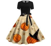 Abito da donna per Halloween, stile gotico, strega, vampiro, a maniche lunghe, per cocktail, feste, stile retrò Hepburn, linea ad A, per carnevale, feste, maniche corte, girocollo, galassia