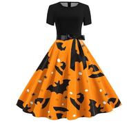 Abito da donna per Halloween, stile gotico, strega, vampiro, a maniche lunghe, per cocktail, feste, stile retrò Hepburn, linea ad A, per carnevale, feste, maniche corte, girocollo, galassia