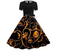 Abito da donna per Halloween, stile gotico, strega, vampiro, a maniche lunghe, per cocktail, feste, stile retrò Hepburn, linea ad A, per carnevale, feste, maniche corte, girocollo, galassia