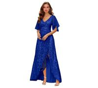 Abito da donna per la madre della sposa, abito da sera formale lungo con scollo a V in tulle con paillettes e maniche a volant con spacco, Blu reale, 50