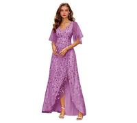 Abito da donna per la madre della sposa, abito da sera formale lungo con scollo a V in tulle con paillettes e maniche a volant con spacco, Lavanda, 50