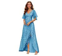 Abito da donna per la madre della sposa, abito da sera formale lungo con scollo a V in tulle con paillettes e maniche a volant con spacco, Blu, 50