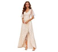 Abito da donna per la madre della sposa, abito da sera formale lungo con scollo a V in tulle con paillettes e maniche a volant con spacco, Champagne, 50