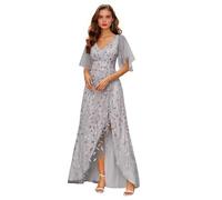 Abito da donna per la madre della sposa, abito da sera formale lungo con scollo a V in tulle con paillettes e maniche a volant con spacco, Argento, 50