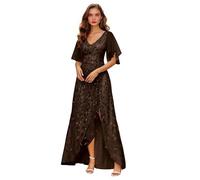Abito da donna per la madre della sposa, abito da sera formale lungo con scollo a V in tulle con paillettes e maniche a volant con spacco, Marrone, 50