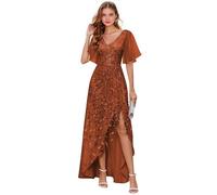 Abito da donna per madre della sposa, abito da sera lungo formale con scollo a V, scollo a V, maniche corte, abito da sera lungo e formale, Arancione bruciato, 50