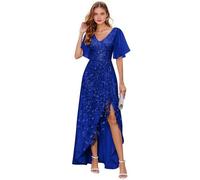 Abito da donna per madre della sposa, abito da sera lungo formale con scollo a V, scollo a V, maniche corte, abito da sera lungo e formale, Blu reale, 50