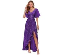 Abito da donna per madre della sposa, abito da sera lungo formale con scollo a V, scollo a V, maniche corte, abito da sera lungo e formale, Viola, 50