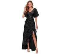 Abito da donna per madre della sposa, abito da sera lungo formale con scollo a V, scollo a V, maniche corte, abito da sera lungo e formale, Nero , 52