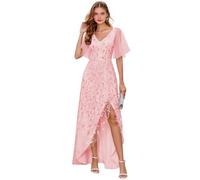 Abito da donna per madre della sposa, abito da sera lungo formale con scollo a V, scollo a V, maniche corte, abito da sera lungo e formale, Rosa cipria, 50