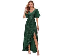 Abito da donna per madre della sposa, abito da sera lungo formale con scollo a V, scollo a V, maniche corte, abito da sera lungo e formale, Verde smeraldo, 50