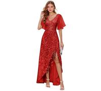 Abito da donna per madre della sposa, abito da sera lungo formale con scollo a V, scollo a V, maniche corte, abito da sera lungo e formale, Rosso, 50 Più