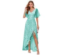 Abito da donna per madre della sposa, abito da sera lungo formale con scollo a V, scollo a V, maniche corte, abito da sera lungo e formale, Turchese, 50