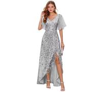 Abito da donna per madre della sposa, abito da sera lungo formale con scollo a V, scollo a V, maniche corte, abito da sera lungo e formale, Argento, 50 Più