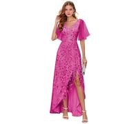 Abito da donna per madre della sposa, abito da sera lungo formale con scollo a V, scollo a V, maniche corte, abito da sera lungo e formale, Fucsia, 50