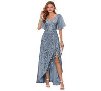 Abito da donna per madre della sposa, abito da sera lungo formale con scollo a V, scollo a V, maniche corte, abito da sera lungo e formale, Blu polvere., 50