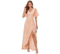 Abito da donna per madre della sposa, abito da sera lungo formale con scollo a V, scollo a V, maniche corte, abito da sera lungo e formale, Oro rosa, 50