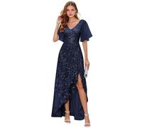 Abito da donna per madre della sposa, abito da sera lungo formale con scollo a V, scollo a V, maniche corte, abito da sera lungo e formale, blu navy, 50