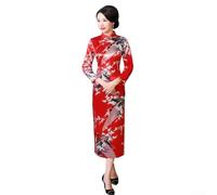 Abito da donna Qipao con immagini di pavone a maniche lunghe Cheongsam framework radicato nella storia della moda cinese (M rosso)
