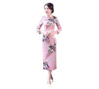 Abito da donna Qipao con immagini di pavone a maniche lunghe Cheongsam framework radicato nella storia della moda cinese (M rosa rosa)