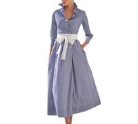 Abito da Donna Retrò Plaid Button Up Maxi Camicia Abito Manica 3/4 Gingham Tasche Abito lungo con Cintura (Blu Navy,XXL)