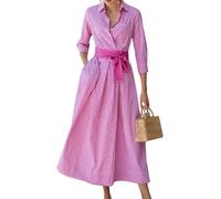 Abito da Donna Retrò Plaid Button Up Maxi Camicia Abito Manica 3/4 Gingham Tasche Abito lungo con Cintura (Rosa,3XL)
