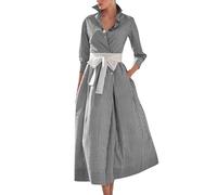 Abito da Donna Retrò Plaid Button Up Maxi Camicia Abito Manica 3/4 Gingham Tasche Abito lungo con Cintura (Nero,M)