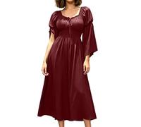 Abito da donna rinascimentale, elegante, medievale, a maniche lunghe, midi, vino, S