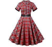 Abito da donna Rockabilly at anni '50, con motivo scozzese, a maniche corte, con bottoni, da cocktail, da ballo, da festa, Colore: rosso, XXL