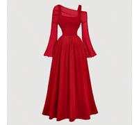 Abito da donna rosso con spalle scoperte, maniche a trombetta in rete 2 in 1, maniche lunghe, stile occidentale, vintage, anni '70, The Bachelorette L,M,S,XL,XS,XXL,XXS,XXXL,XXXXLColore unicoTessuto i